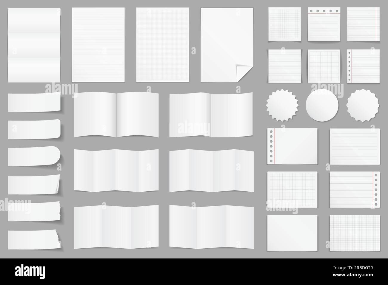 Raccolta di diversi tipi di carta: Carta A4, carta piegata, modelli per brochure, adesivi, note, illustrazione di vector eps10 Illustrazione Vettoriale