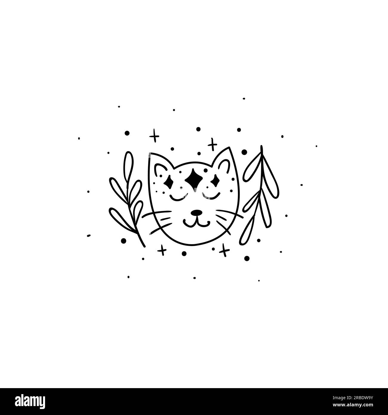 Gatto mistico con luna e stelle. Stile tatuaggio. Stelle, costellazioni, luna. Simbolo astrologico disegnato a mano. Per la stampa di t-shirt e borse, decor e Illustrazione Vettoriale