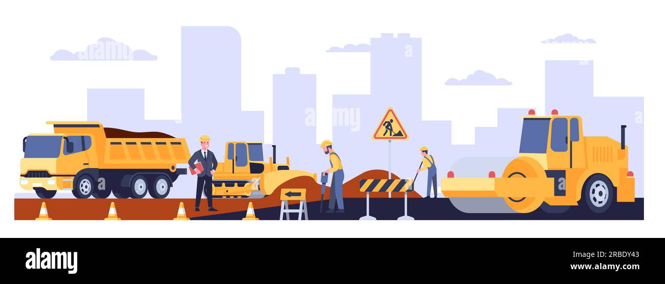 Lavori stradali per la costruzione di nuove autostrade con attrezzature speciali. Operaio in tuta. Brigata operaia che ripara la strada. Autocarro e asfaltatrice. Asfalto Illustrazione Vettoriale