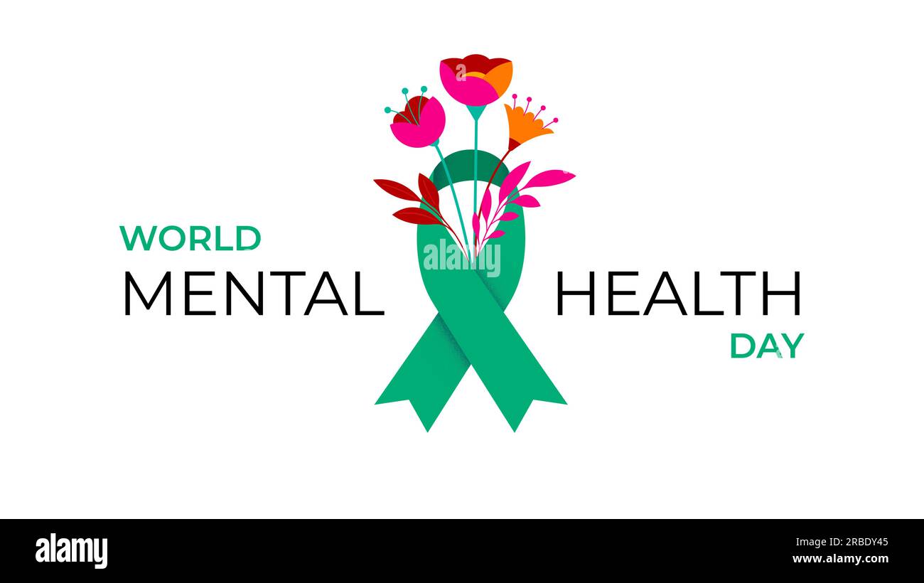 Giornata mondiale della salute mentale, design concettuale con nastro verde e fiori Illustrazione Vettoriale
