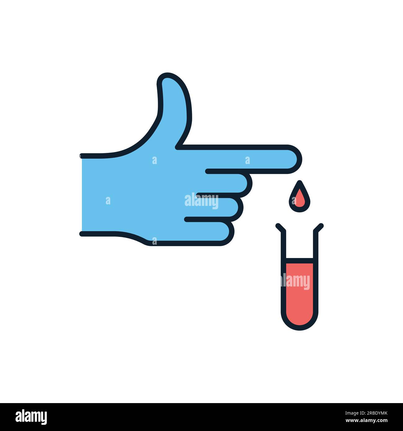 Icona del vettore correlato agli esami del sangue. Sangue che gocciola da un dito in un pallone per un test della malattia da coronavirus. Segno di donazione di sangue. Isolato su sfondo bianco Illustrazione Vettoriale