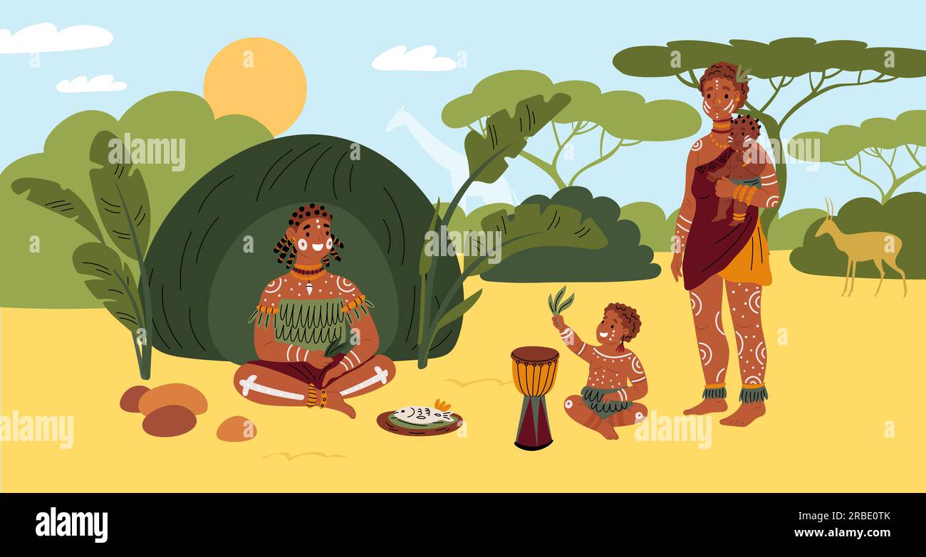 Popolo della tribù africana. Cartoni animati aborigeni. Genitori e figli felici. Abiti etnici tradizionali o tatuaggi. Donna indigena in capanna. Ragazzo in loincloth Illustrazione Vettoriale