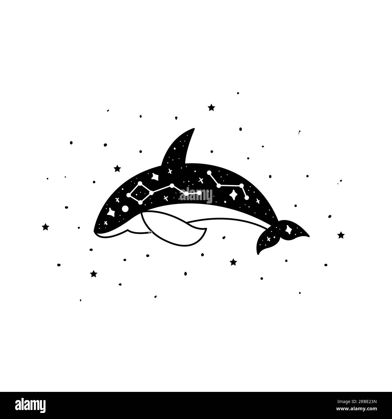 Balena mistica con luna e stelle. Stelle, costellazioni, luna. Simbolo astrologico disegnato a mano. Per la stampa di t-shirt e borse, elemento decorativo. Mistico Illustrazione Vettoriale