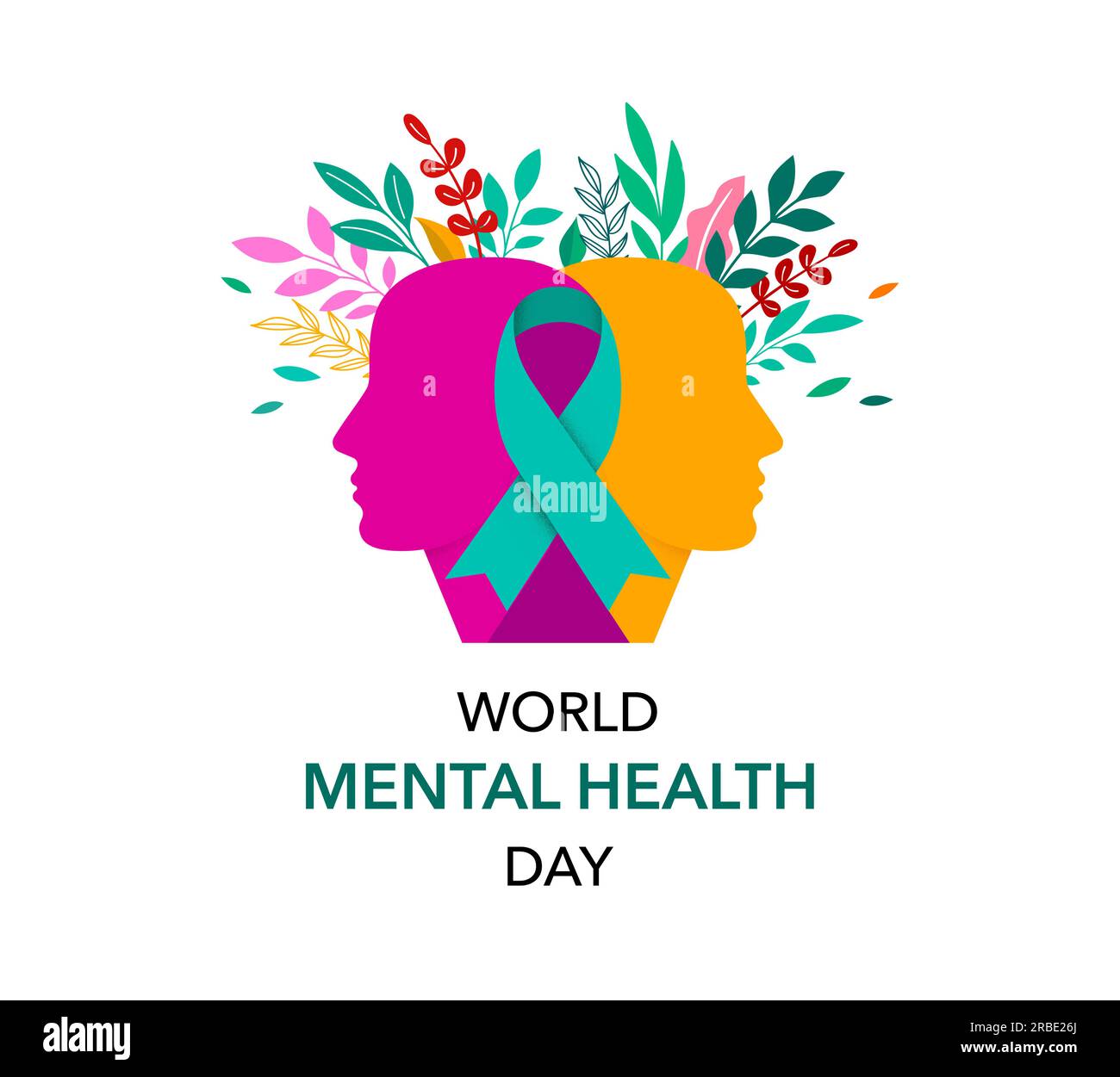 Giornata mondiale della salute mentale, concept design con profili di testa astratti, nastro verde e fiori Illustrazione Vettoriale