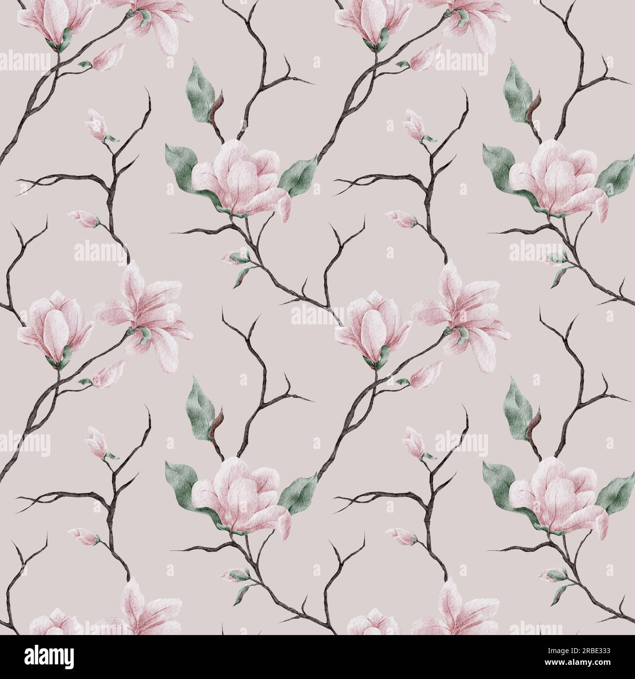 Motivo senza cuciture Acquerello magnolia. Magnolia fiori e rami sfondo. Illustrazione ad acquerello raster in stile trendy. Foto Stock