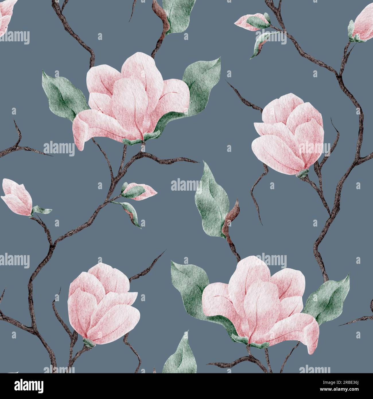 Motivo senza cuciture Acquerello magnolia. Magnolia fiori e rami sfondo. Illustrazione ad acquerello raster in stile trendy. Foto Stock