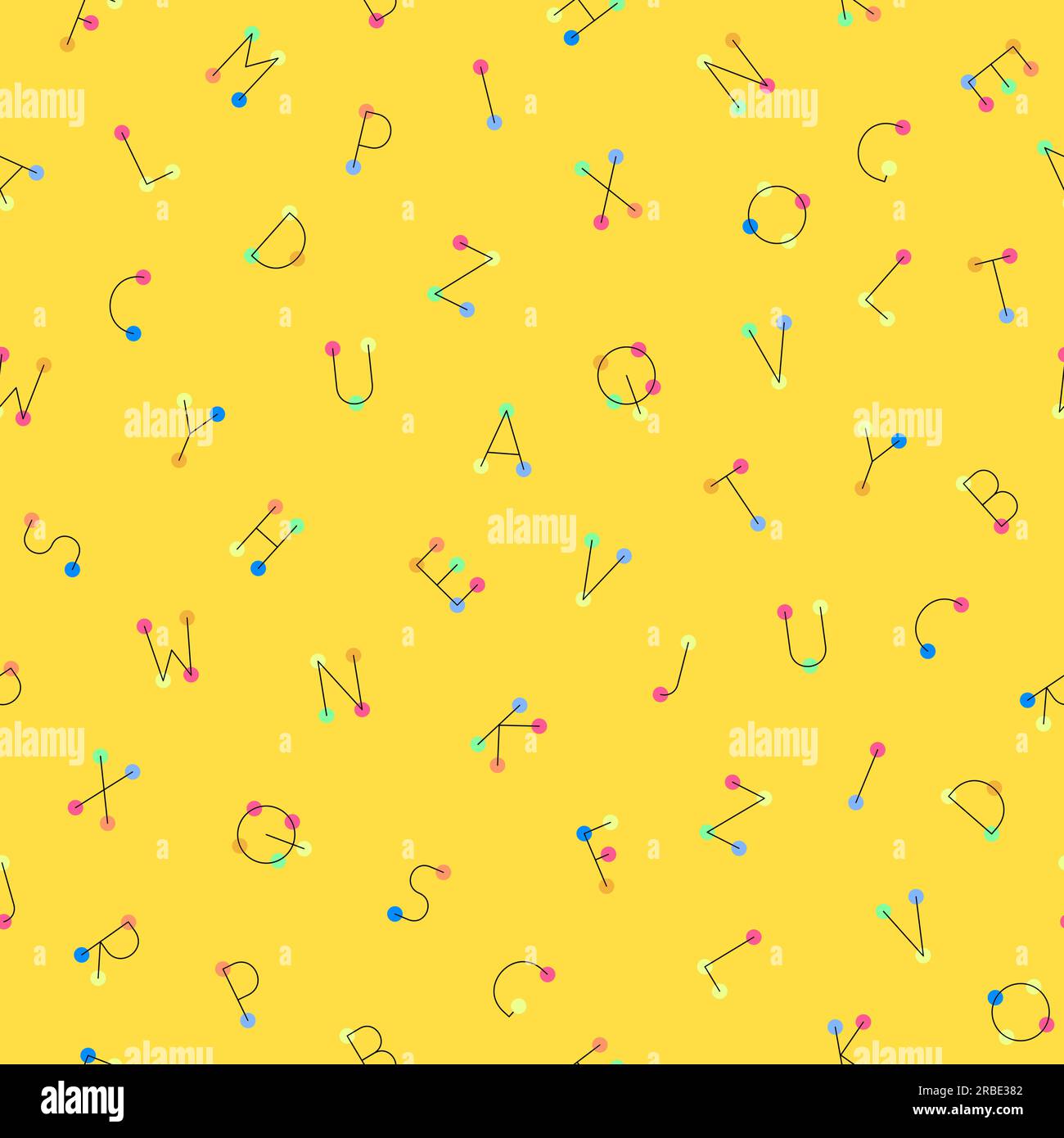 Sequenza alfabetica vettoriale colorata e senza cuciture. Sfondo giallo alla moda ripetibile con lettere. Stampe vivaci e divertenti. Illustrazione Vettoriale