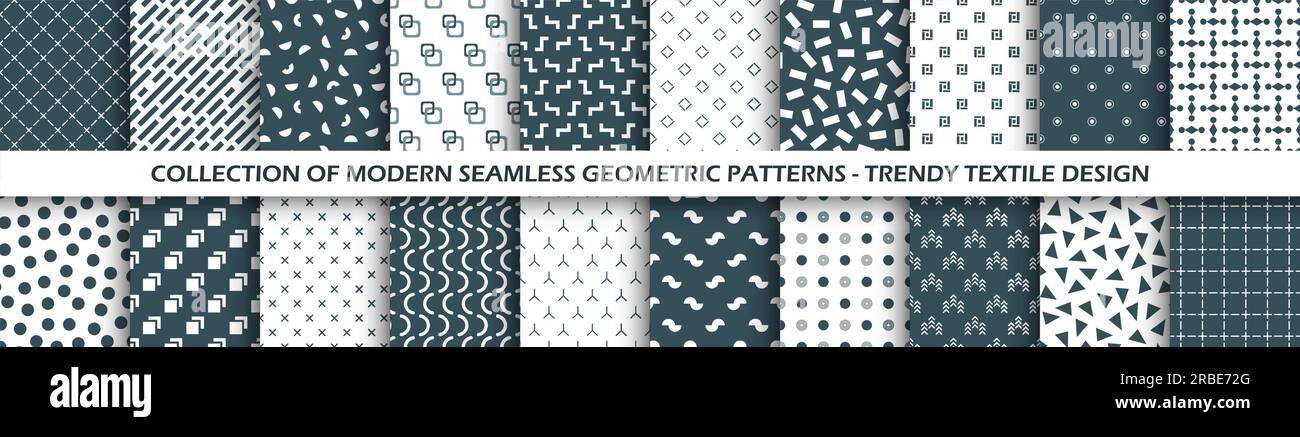 Raccolta di pattern geometrici vettoriali senza giunture. Stampe tessili di stile inusuali. Sfondi minimalistici infiniti e alla moda Illustrazione Vettoriale