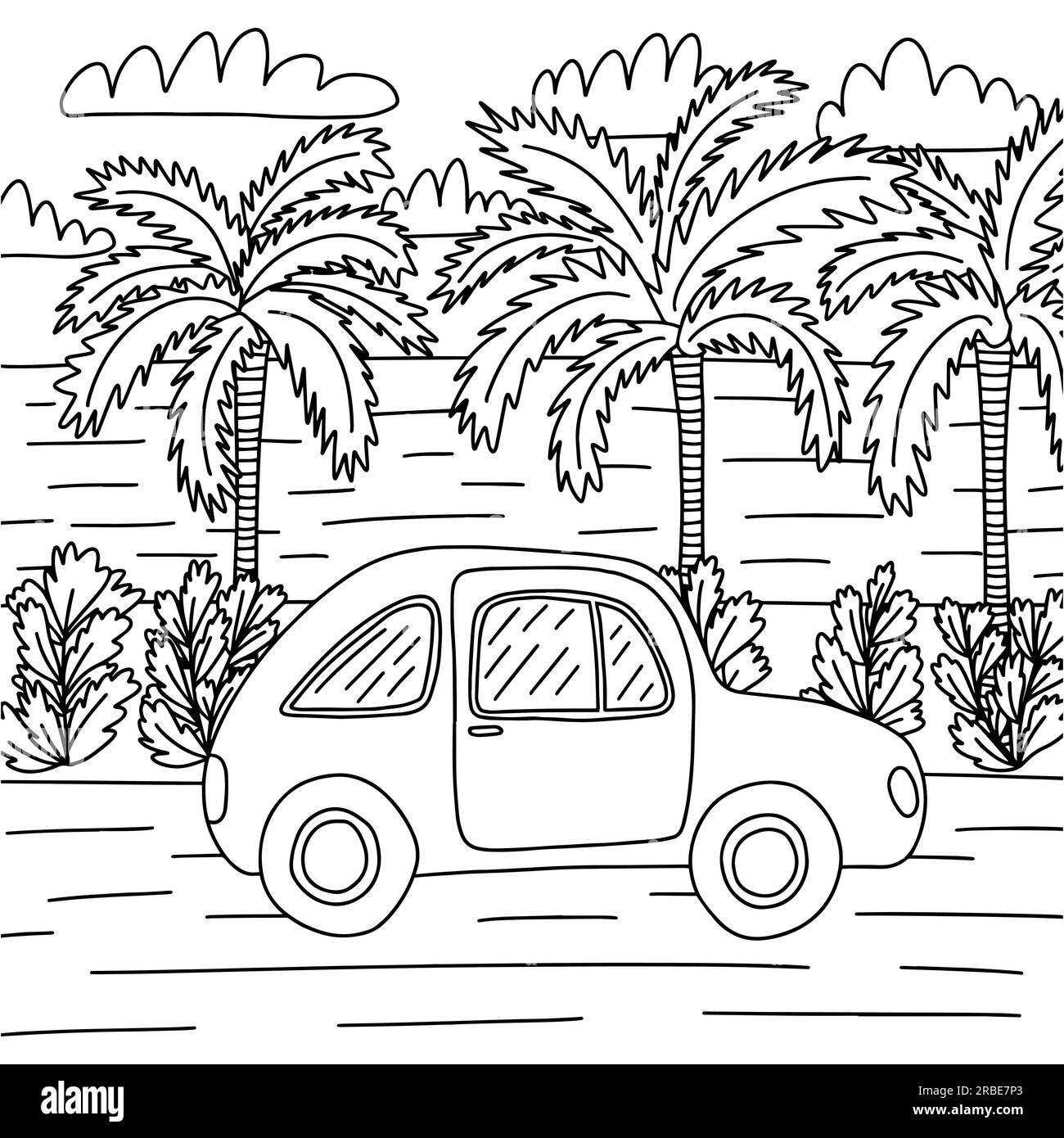 Graziosa pagina di colorazione estiva con un'auto alla moda Illustrazione Vettoriale