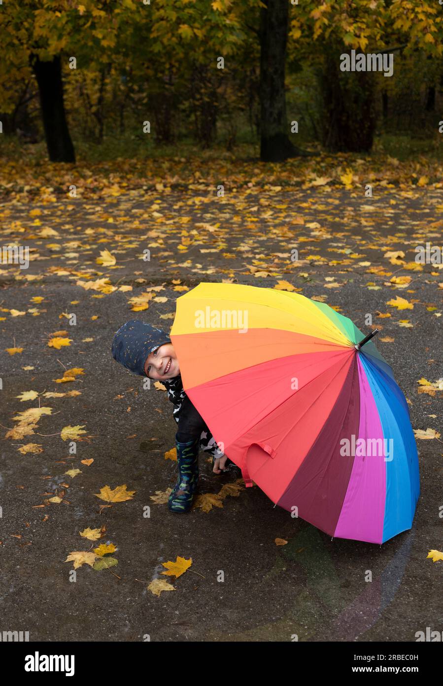 i bambini camminano nel parco, si nascondono sotto un grande ombrello arcobaleno e guardano fuori. il terreno è cosparso di foglie gialle cadute. atmosfera autunnale. piove se Foto Stock