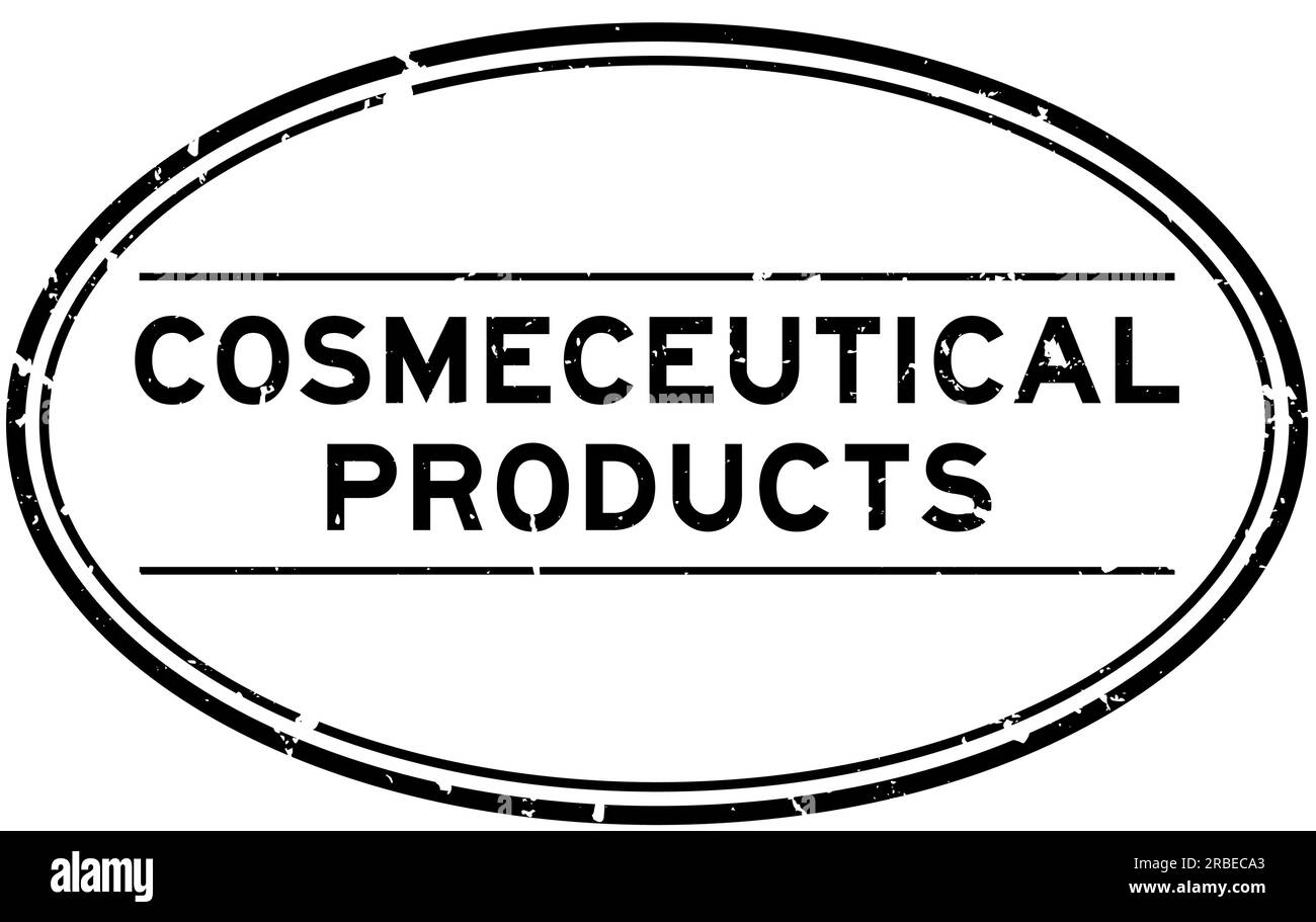 Prodotti cosmeceutici neri grunge parola ovale timbro in gomma su sfondo bianco Illustrazione Vettoriale