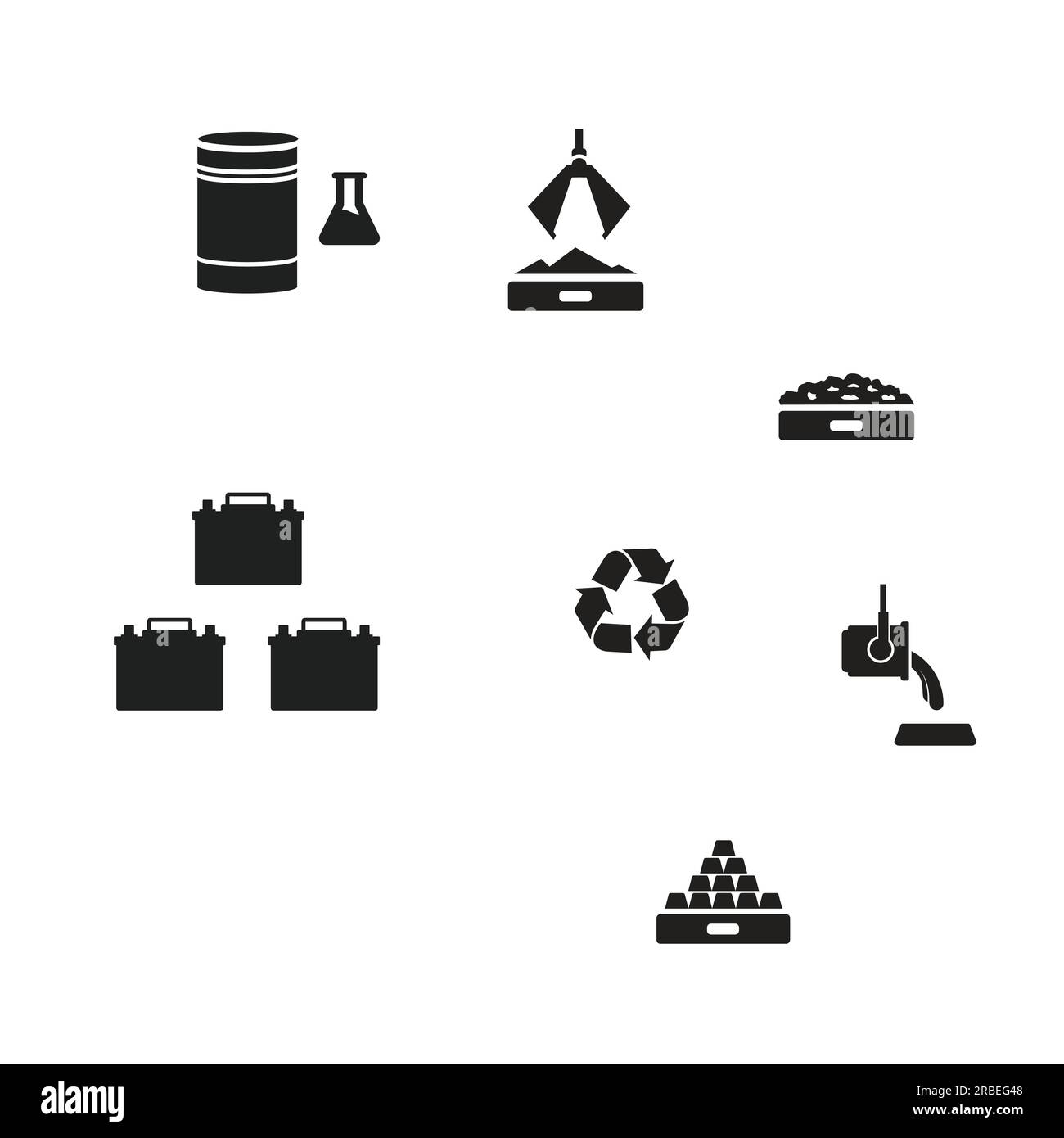 Icone di riciclaggio delle batterie al piombo-acido per auto. Illustrazione Vettoriale