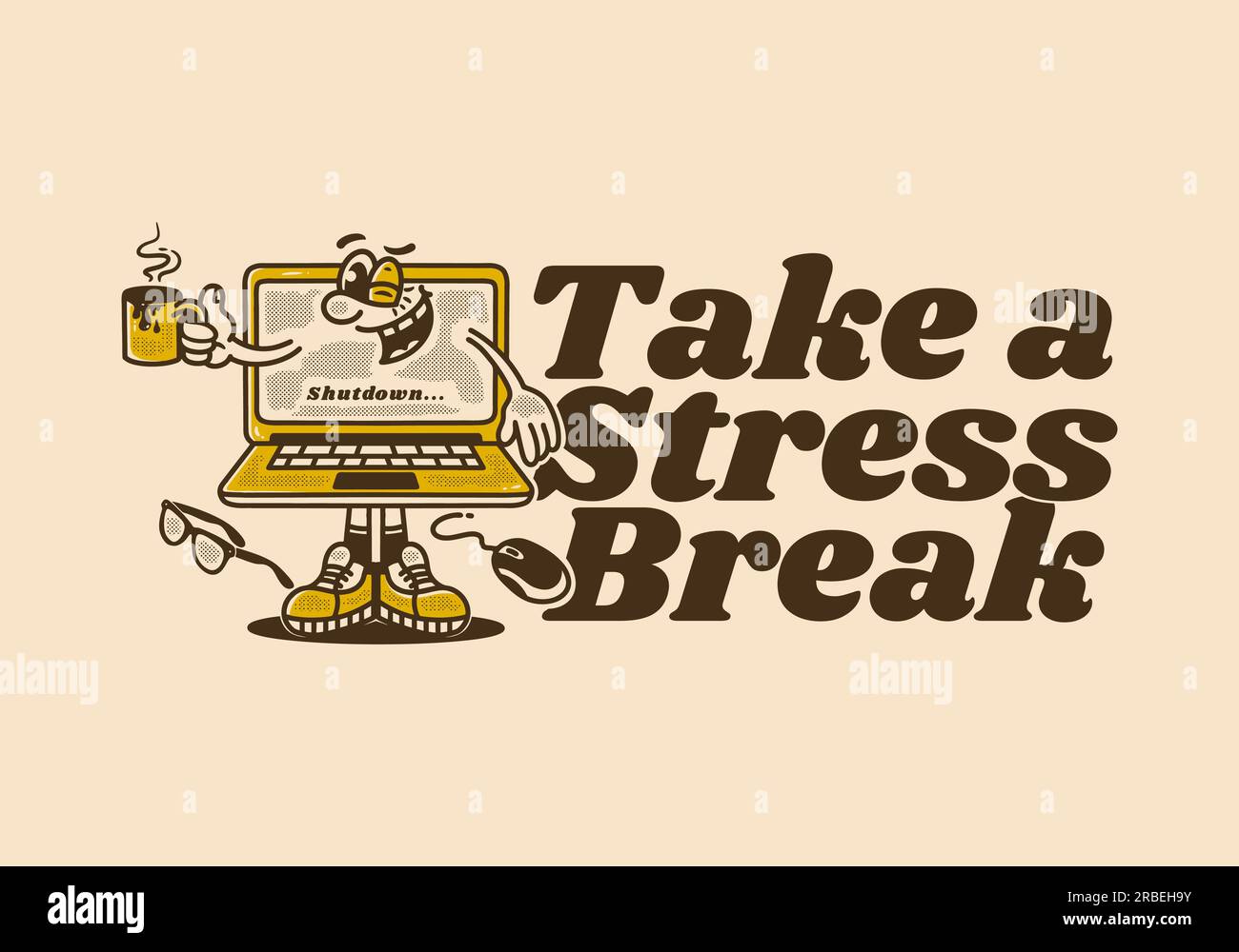 Prenditi una pausa dallo stress, il design di una mascotte per laptop che regge una tazza da caffè in stile vintage Illustrazione Vettoriale