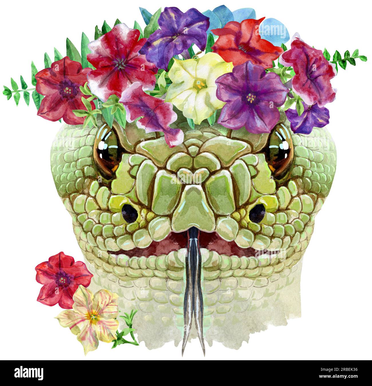 Testa di serpente in una corona di petunie isolata su sfondo bianco. Illustrazione ad acquerello del rettile verde. Foto Stock