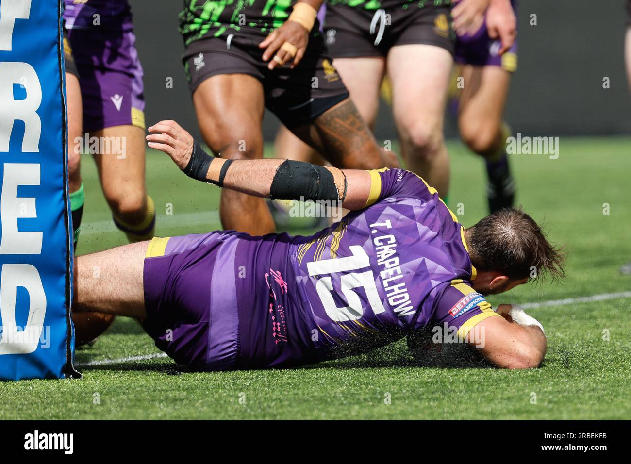 Newcastle, Regno Unito. 11 giugno 2023. Ted Chapelhow del Newcastle Thunder segna il punteggio durante il match per il BETFRED Championship tra Newcastle Thunder e Whitehaven RLFC al Kingston Park di Newcastle domenica 9 luglio 2023. (Foto: Chris Lishman | mi News) crediti: MI News & Sport /Alamy Live News Foto Stock