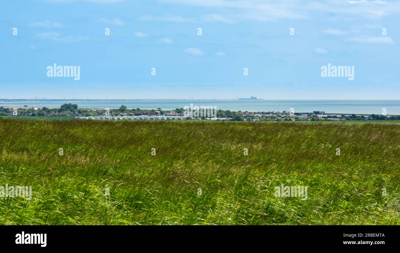 Campagna intorno a Winchelsea nell'East Sussex. La Manica e la centrale elettrica Dungeness possono essere viste in lontananza. Foto Stock