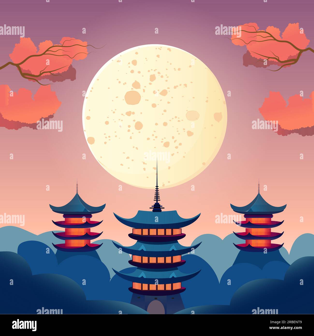 pagode sullo sfondo della luna, all'alba o al tramonto. Illustrazione Vettoriale