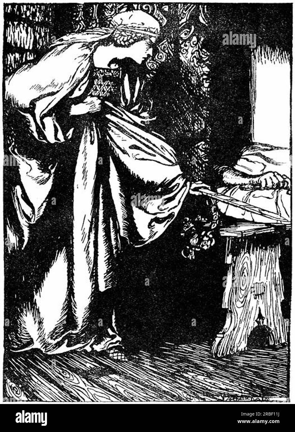 Isolde scopre la tacca nella spada di Tristan di Arthur Rackham Foto Stock