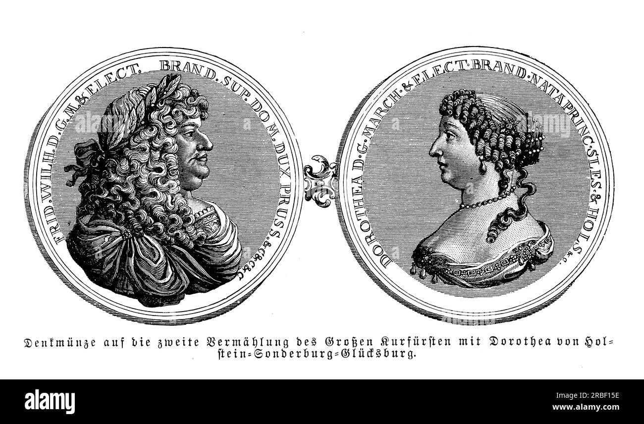 Medaglia Comemmorativa per il secondo matrimonio di Federico Guglielmo noto come il grande Elettore di Brandeburgo e Duca di Prussia con la Principessa Dorotea Sofia di Schleswig-Holstein-Sonderburg-Gluecksburg Foto Stock