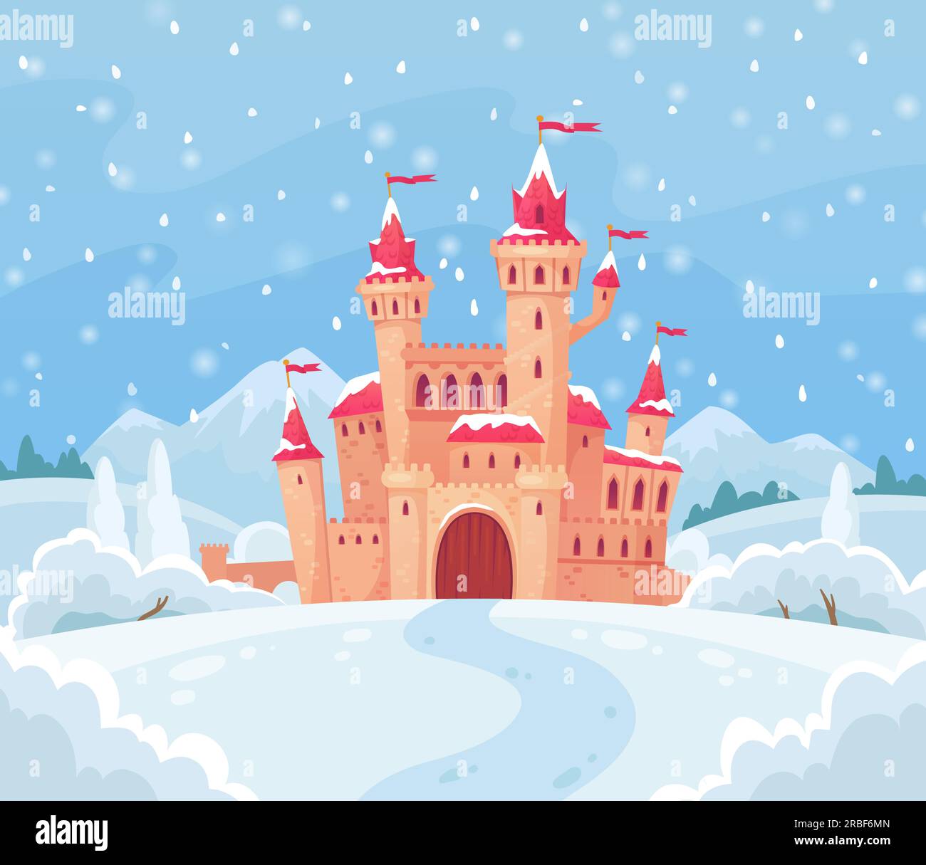 Castello invernale delle fiabe. Magico paesaggio innevato con la casa medievale del castello di neve, l'elfo di natale in lapponia o la casa della principessa di ghiaccio. Auto magica da palazzo Illustrazione Vettoriale