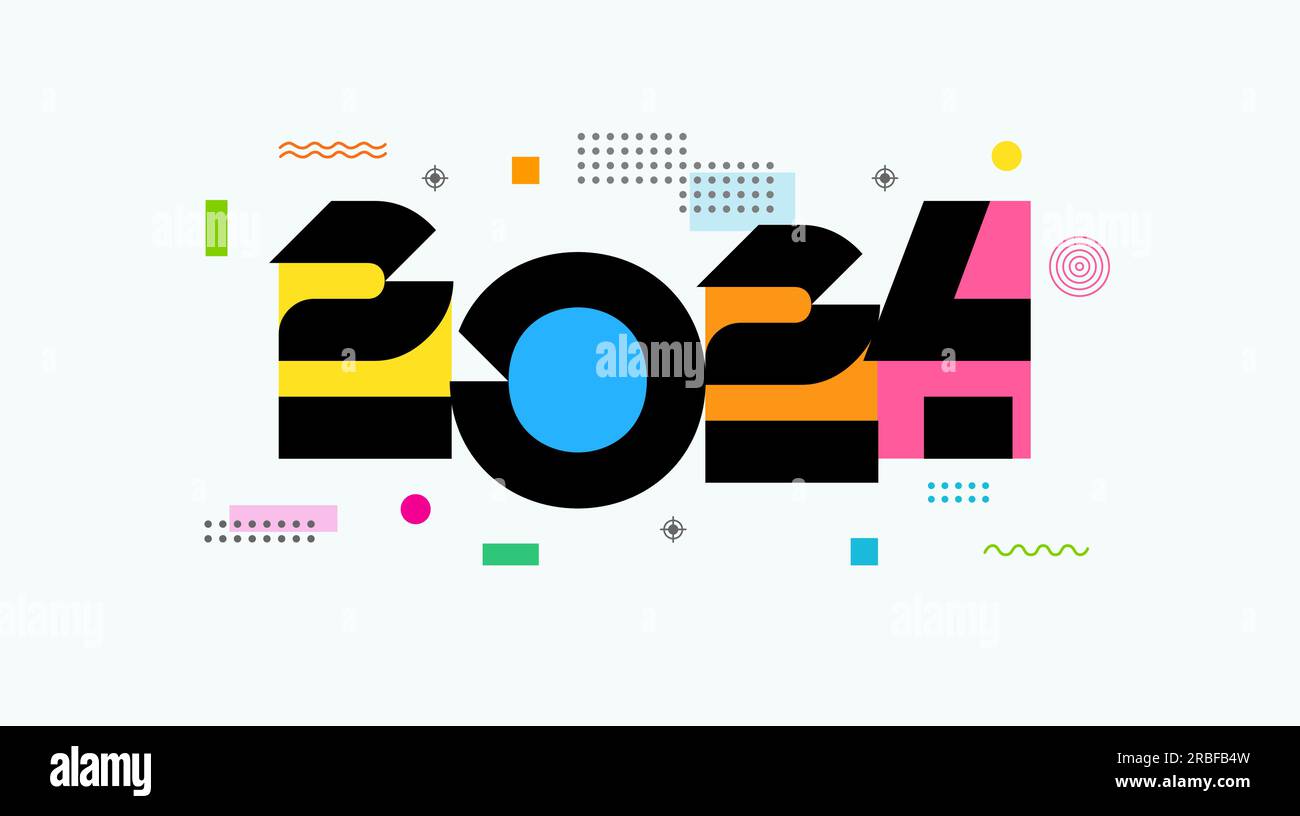 2024 Happy New Year colori lettere ed elementi di stile memphis. Modello per la festa di ballo di Capodanno o il volantino natalizio. Scheda vettoriale Illustrazione Vettoriale