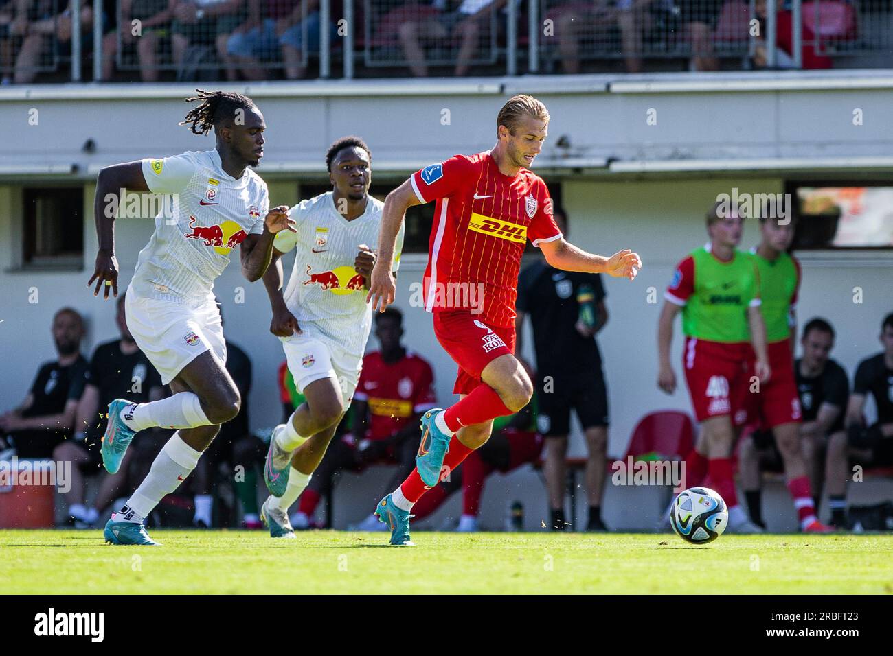 Salisburgo, Austria. 8 luglio 2023. Benjamin Nygren (9) dell'FC Nordsjaelland visto durante un test match pre-stagionale tra il FC Red Bull Salzburg e il FC Nordsjaelland al Maximarkt Sportpark di Salisburgo. (Foto: Gonzales Photo - Dejan Obretkovic). Foto Stock