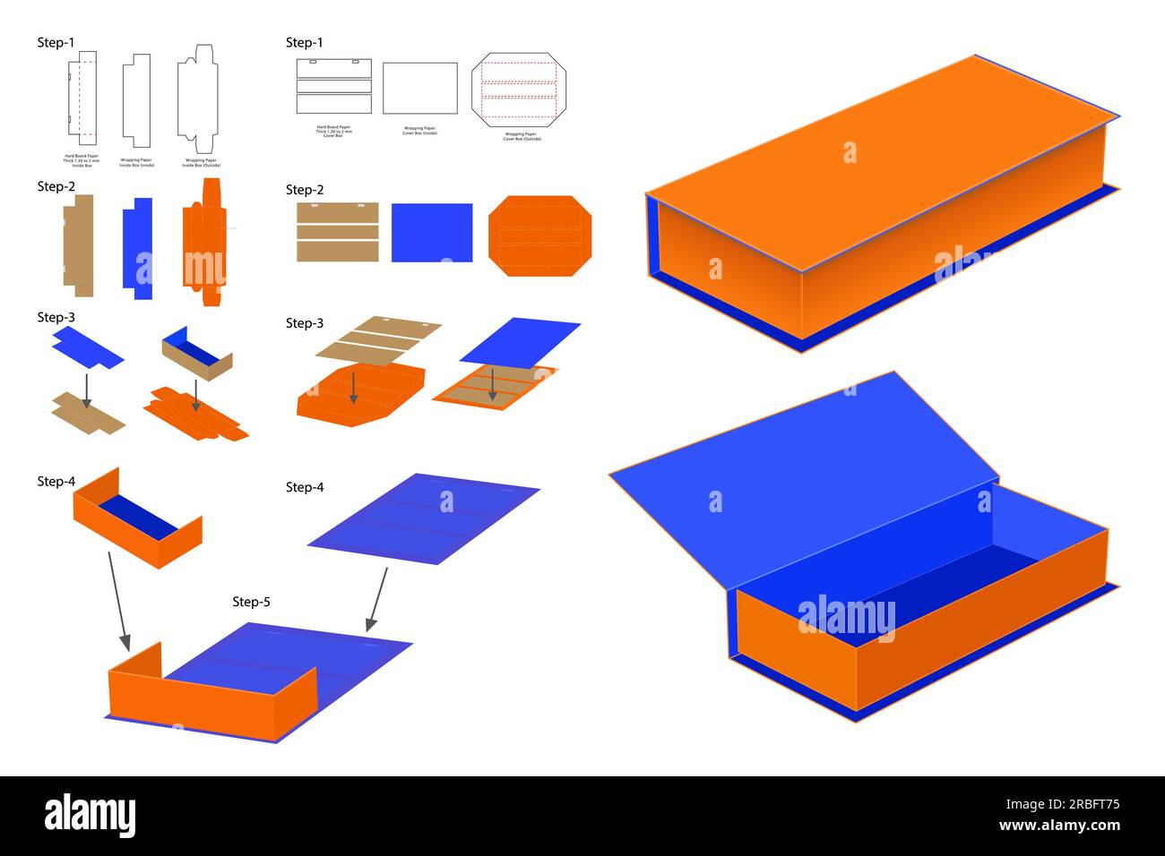 Istruzioni di montaggio scatola rigida a 3 facce e scatola di rendering 3D. Illustrazione Vettoriale