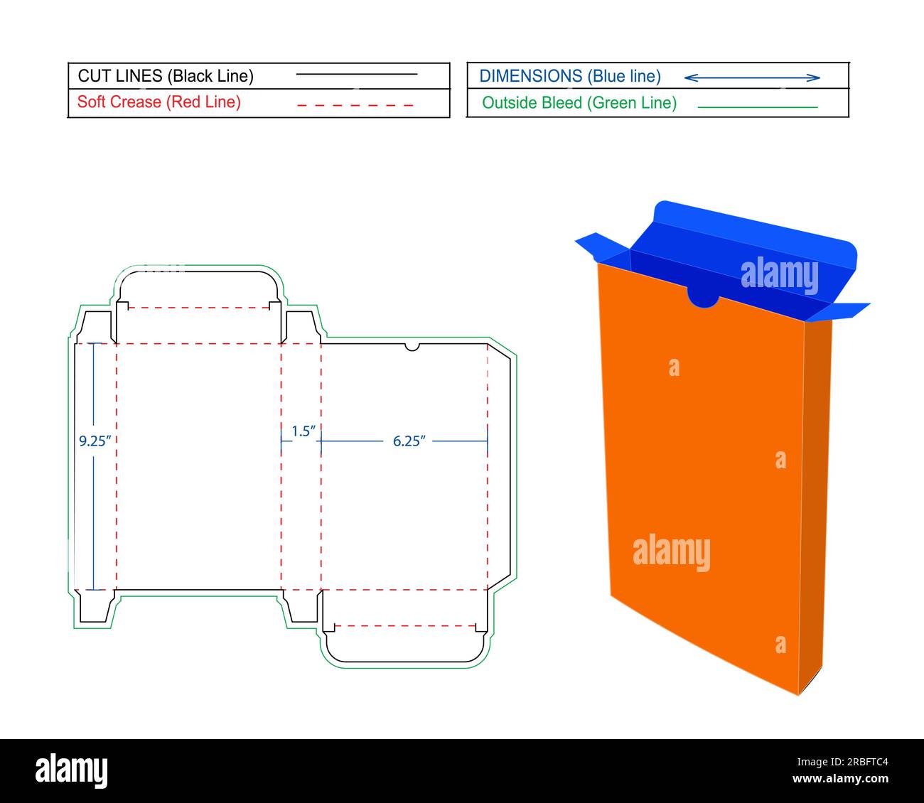 Box libro 9 x 6 x 1,5 pollici, ridimensionabile Reverse Tuck End Book Box modello linea matrice e riquadro di rendering 3D. Illustrazione Vettoriale