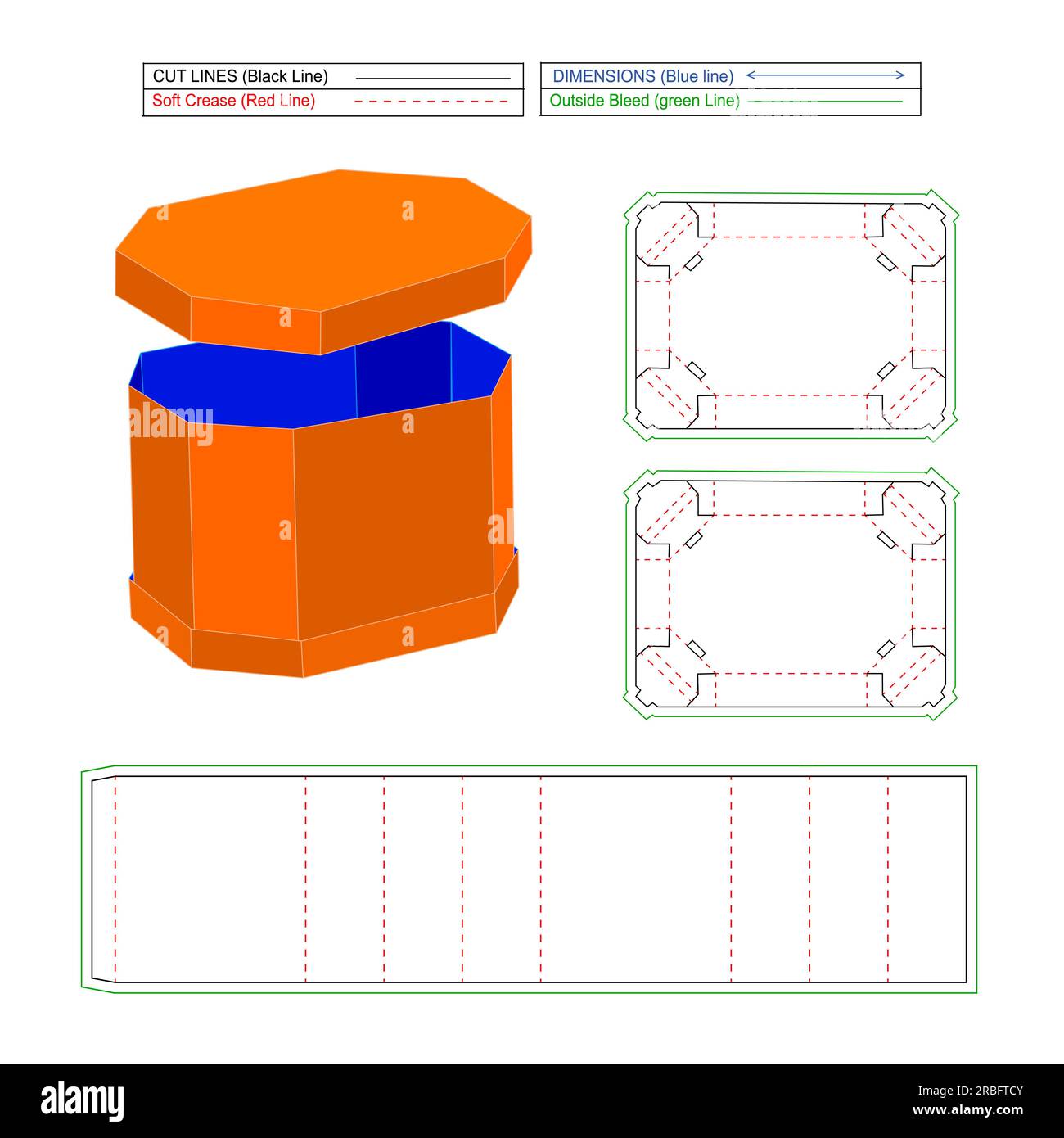 Contenitore con coperchio a forma ottagonale 3 modificabile e ridimensionabile grazie al rendering 3D senza incollaggio del modello di linea della matrice di assemblaggio Illustrazione Vettoriale