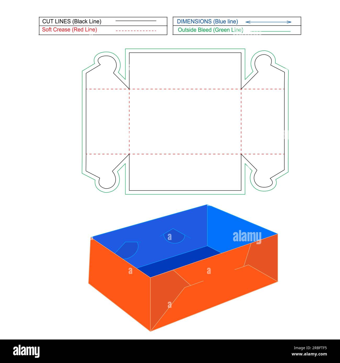 Scatola a vassoio ondulato e scatola per spedizione ondulata, scatola modificabile e colorata, modello linea di stampo una scatola 3d. Illustrazione Vettoriale