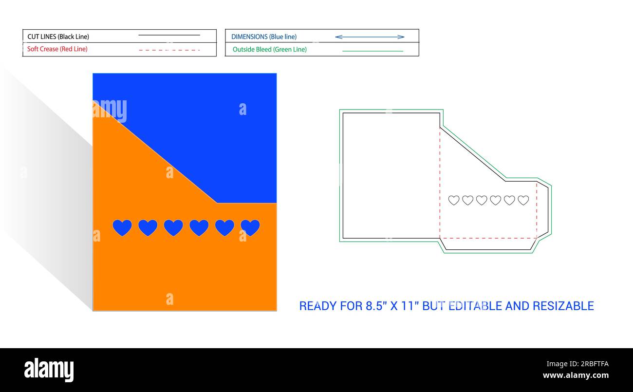 Linea di matrici modificabile e ridimensionabile per tasche o cartelle pronta per pagine da 8,5 x 11 pollici con taglio finestra trasparente a forma di cuore e taglio angolare, rendering 3D. Illustrazione Vettoriale