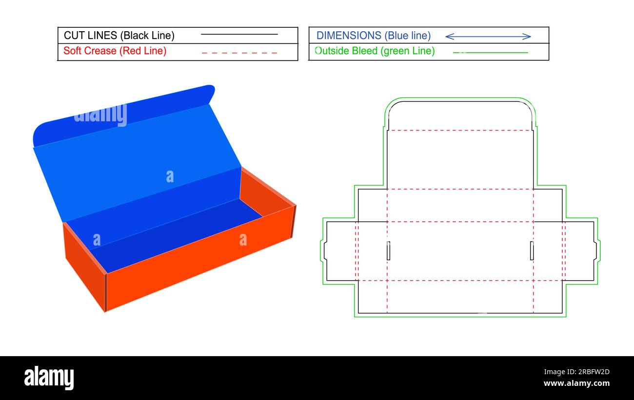 Estremità a rullo scatola antiribaltamento con due lati, modello dieline RETT Box e casella vettoriale 3D, copia ridimensionabile e modificabile a colori Illustrazione Vettoriale