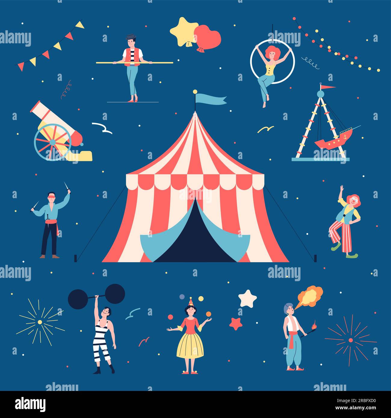 Sfondo dello spettacolo del circo, artisti di teatro di strada. Attori del Flat Festival, clown, mimo e acrobata. Prestazioni dei cartoni animati personaggi vettoriali recenti Illustrazione Vettoriale