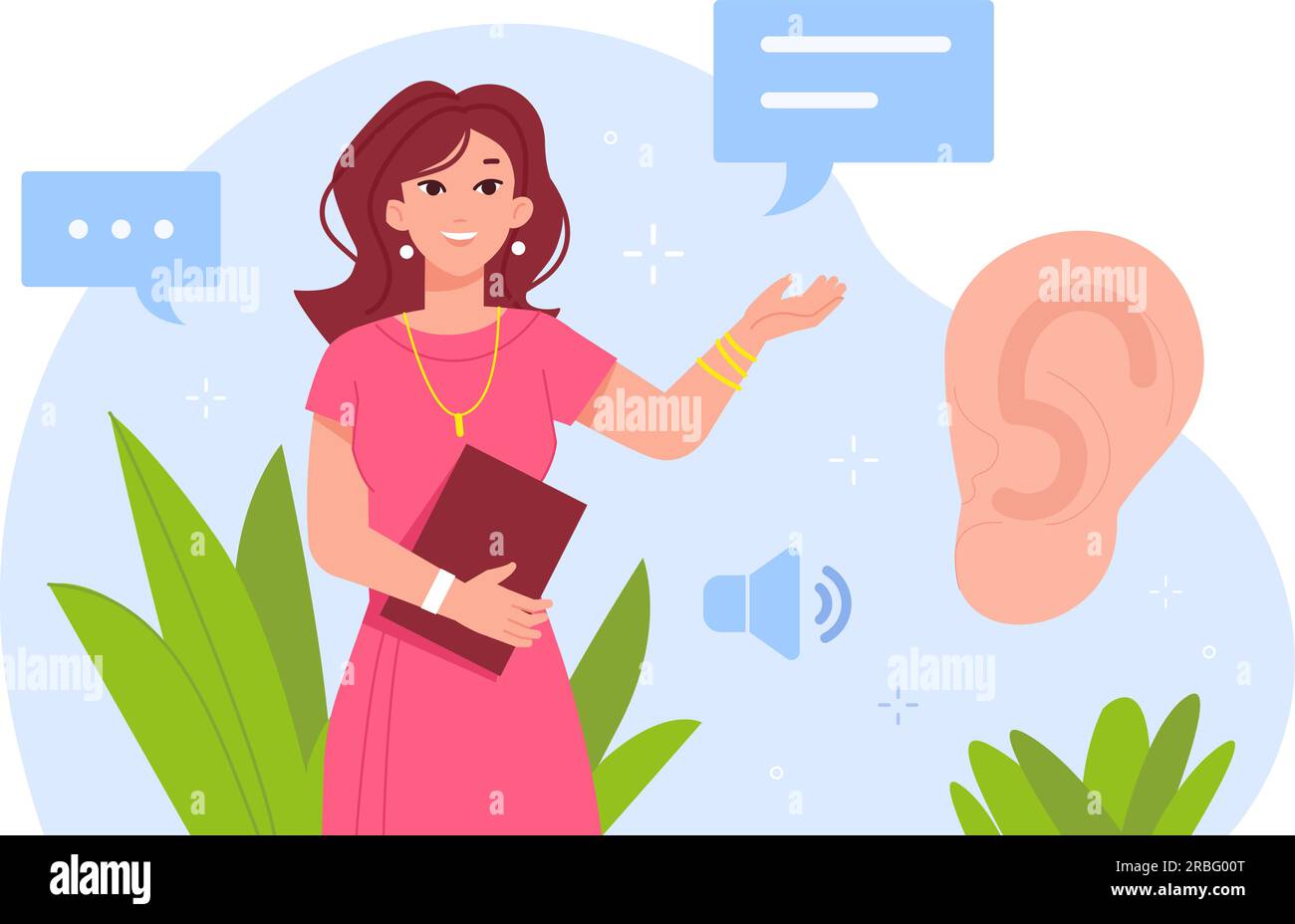Ascolto attivo. Ascoltare la comunicazione sulle competenze, parlare con il leader parlare parlare parlare parlare comunicare concetto di empatia sonora, donna imparare conversazione con il segno delle orecchie, illustrazione vettoriale del leader della comunicazione Illustrazione Vettoriale