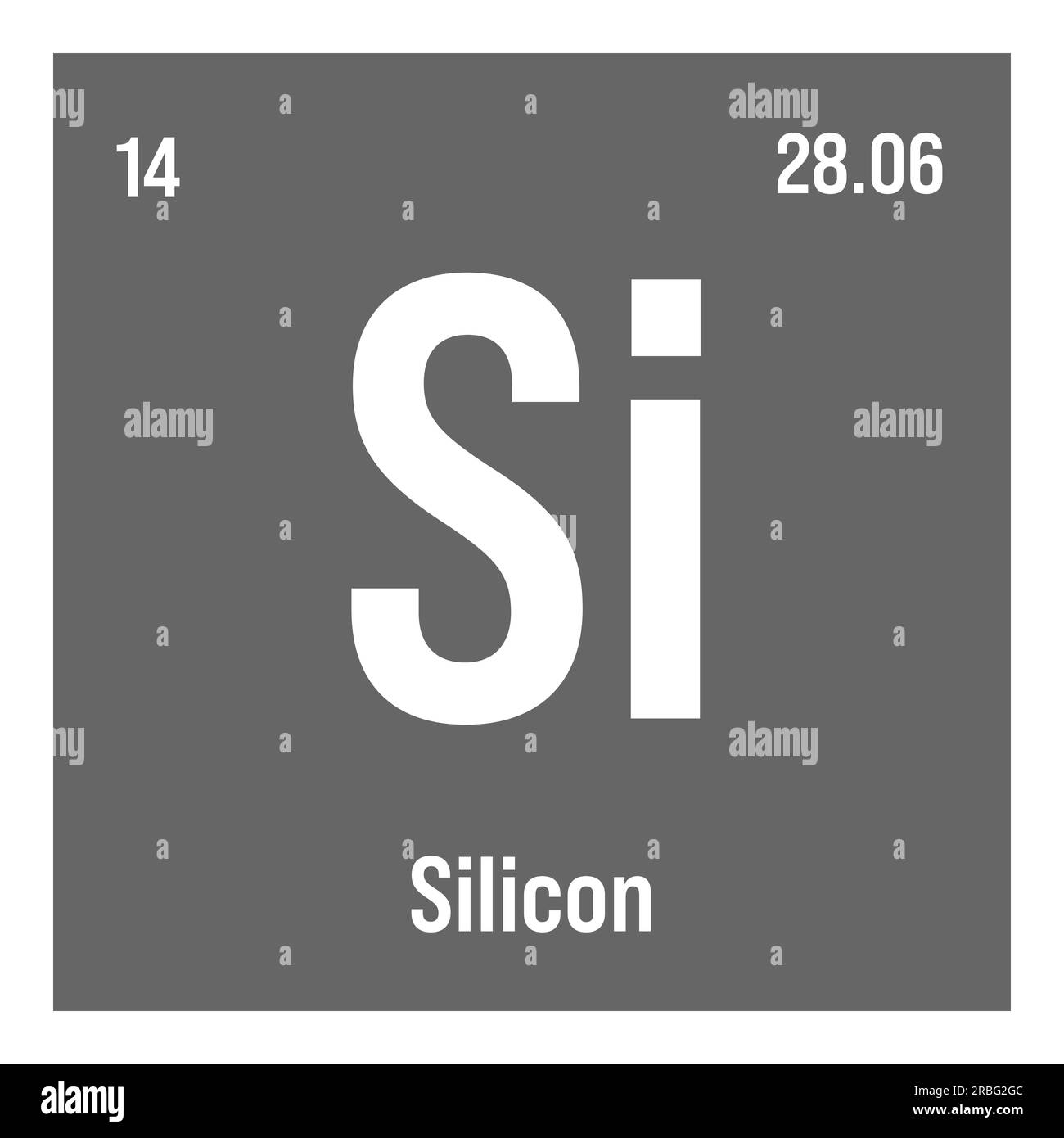 Silicio, si, elemento periodico della tabella con nome, simbolo, numero atomico e peso. Non metallico con vari usi industriali, come nell'elettronica, nella costruzione e come componente in certi tipi di vetro. Illustrazione Vettoriale
