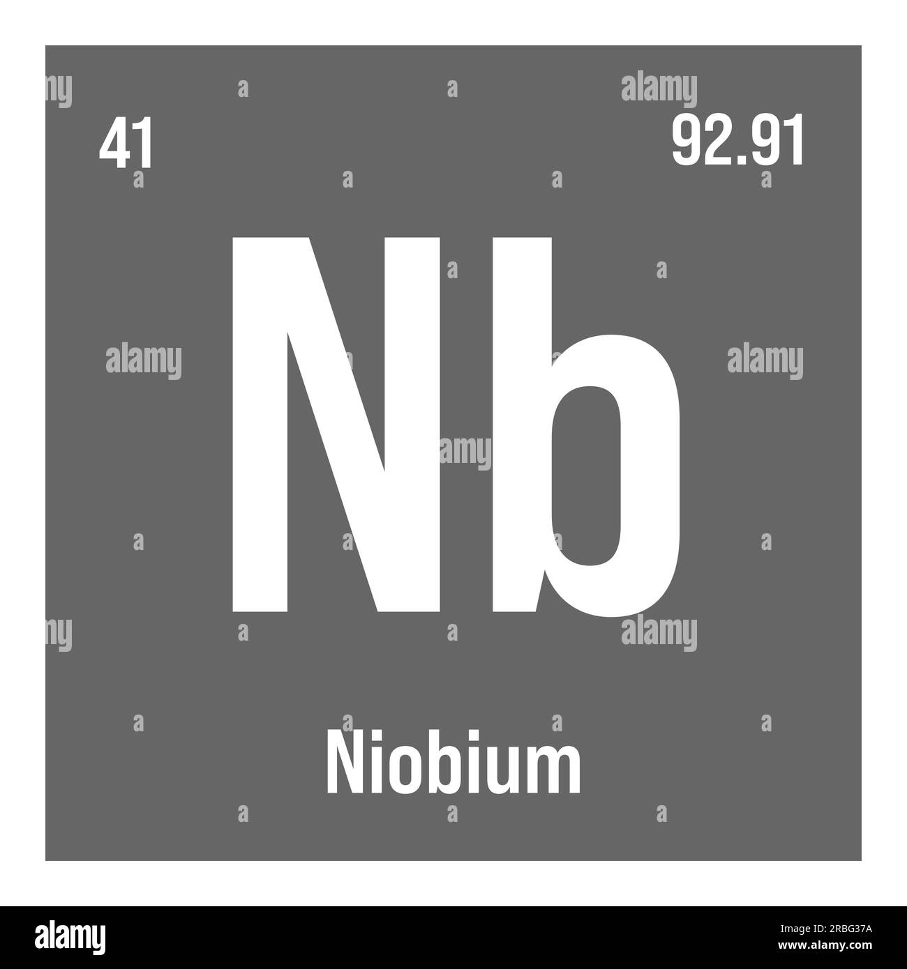 Niobio, Nb, elemento tavola periodico con nome, simbolo, numero atomico e peso. Metallo di transizione con vari usi industriali, come nella produzione di acciaio, superconduttori e come componente di certe leghe. Illustrazione Vettoriale