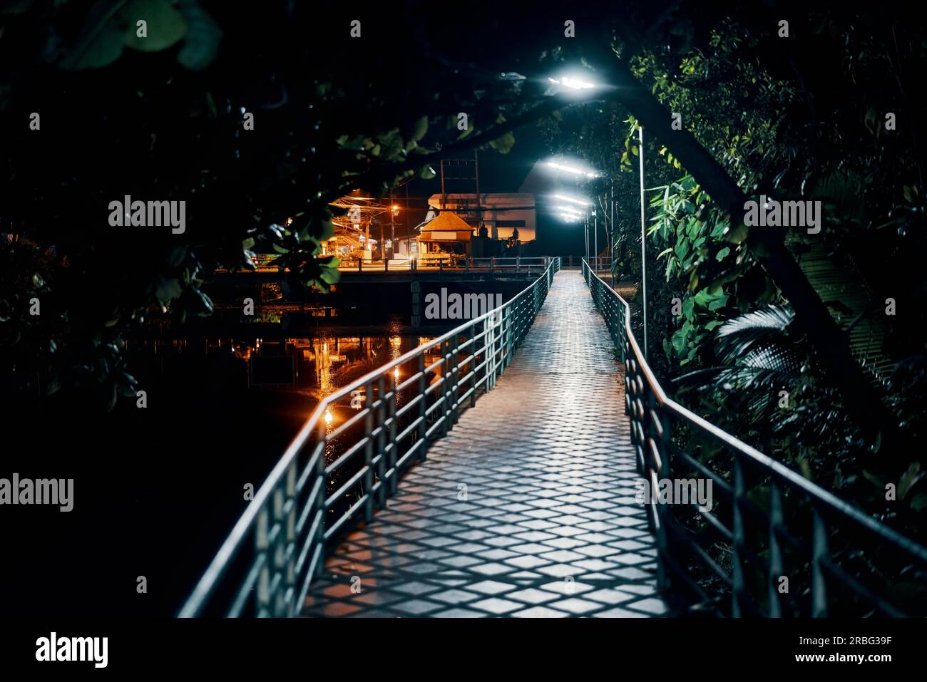 Ponte illuminato di notte. Concetto di viaggio su strada Foto Stock