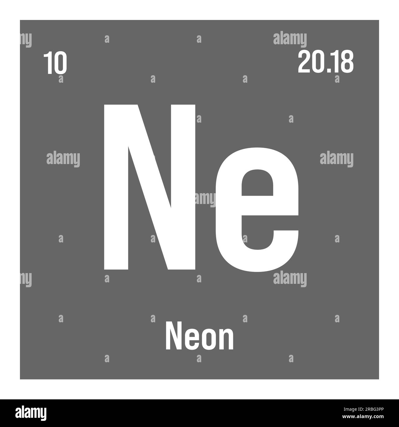 Neon, NE, elemento tavola periodico con nome, simbolo, numero atomico e peso. Gas inerte con vari usi industriali, come nell'illuminazione, nei laser e come gas di riempimento in certi tipi di isolamento. Illustrazione Vettoriale