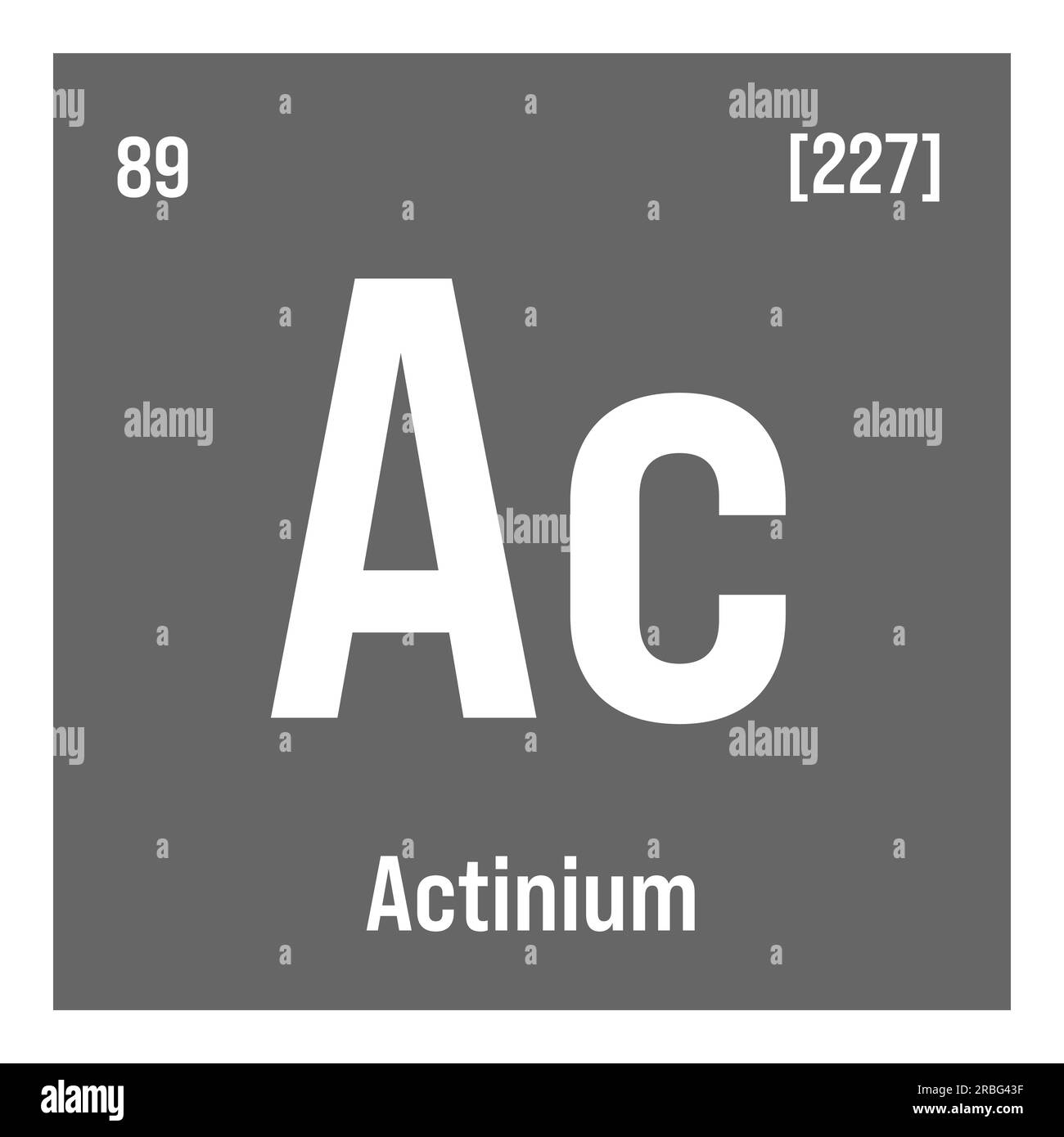 Actinium, AC, elemento periodico della tabella con nome, simbolo, numero atomico e peso. Elemento radioattivo con potenziali impieghi nel trattamento del cancro e come fonte di neutroni per la ricerca scientifica. Illustrazione Vettoriale