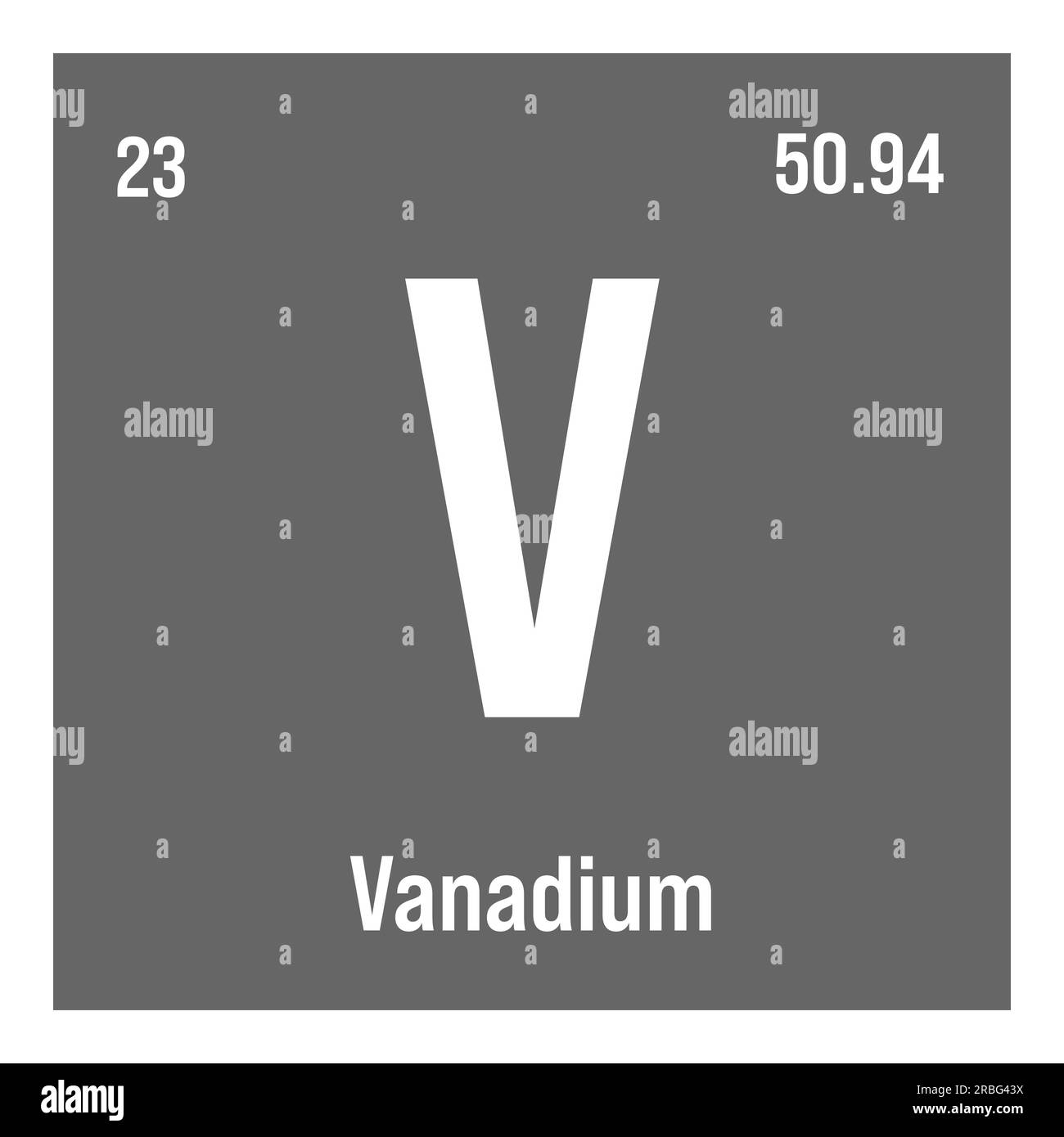 Vanadio, V, elemento periodico della tabella con nome, simbolo, numero atomico e peso. Metallo di transizione con vari usi industriali, come in alcuni tipi di acciaio e come catalizzatore in alcune reazioni chimiche. Illustrazione Vettoriale