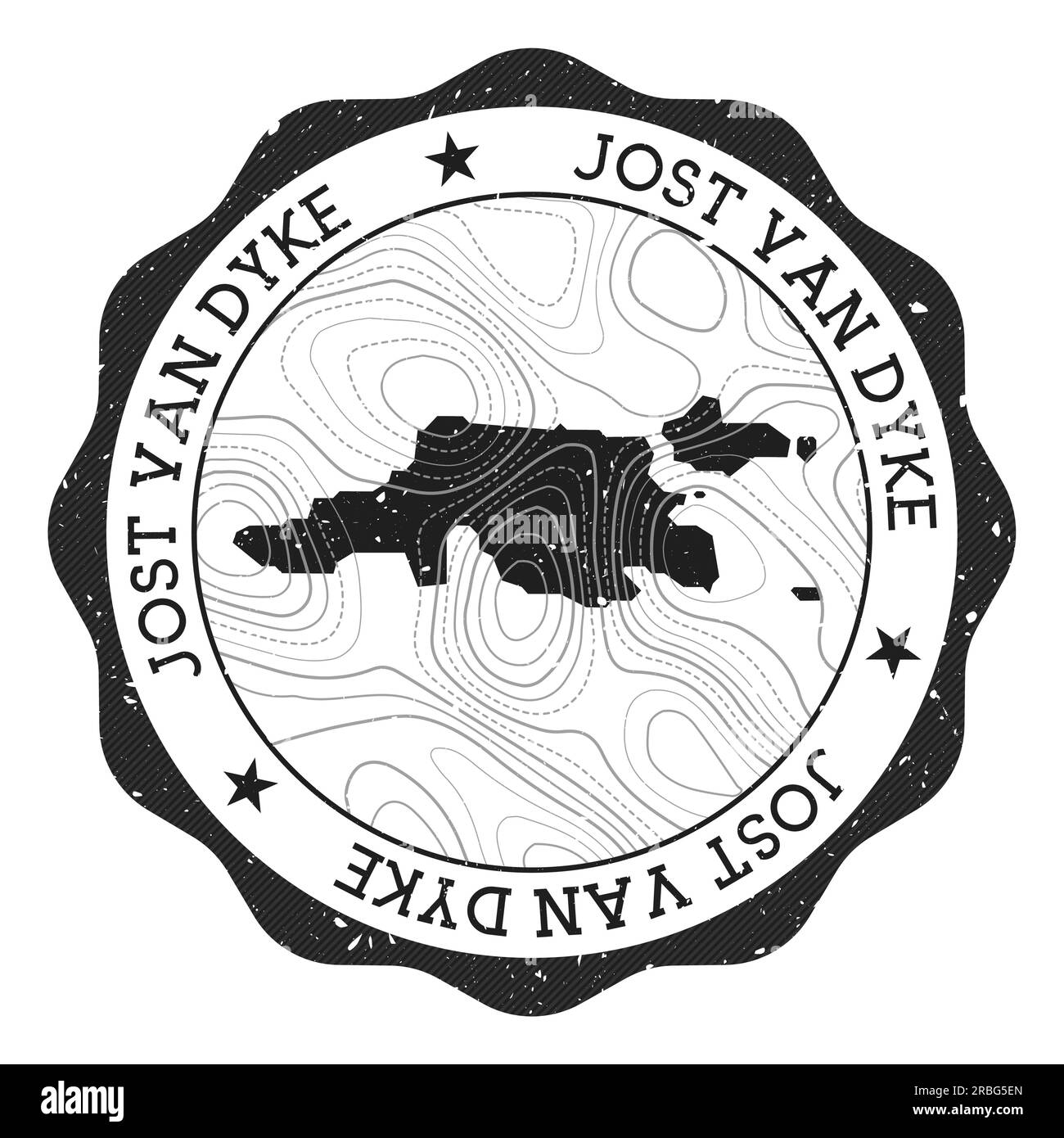 Timbro esterno Jost Van Dyke. Adesivo rotondo con mappa dell'isola con isoline topografiche. Illustrazione vettoriale. Può essere utilizzato come insegna, logotipo, etichetta Illustrazione Vettoriale