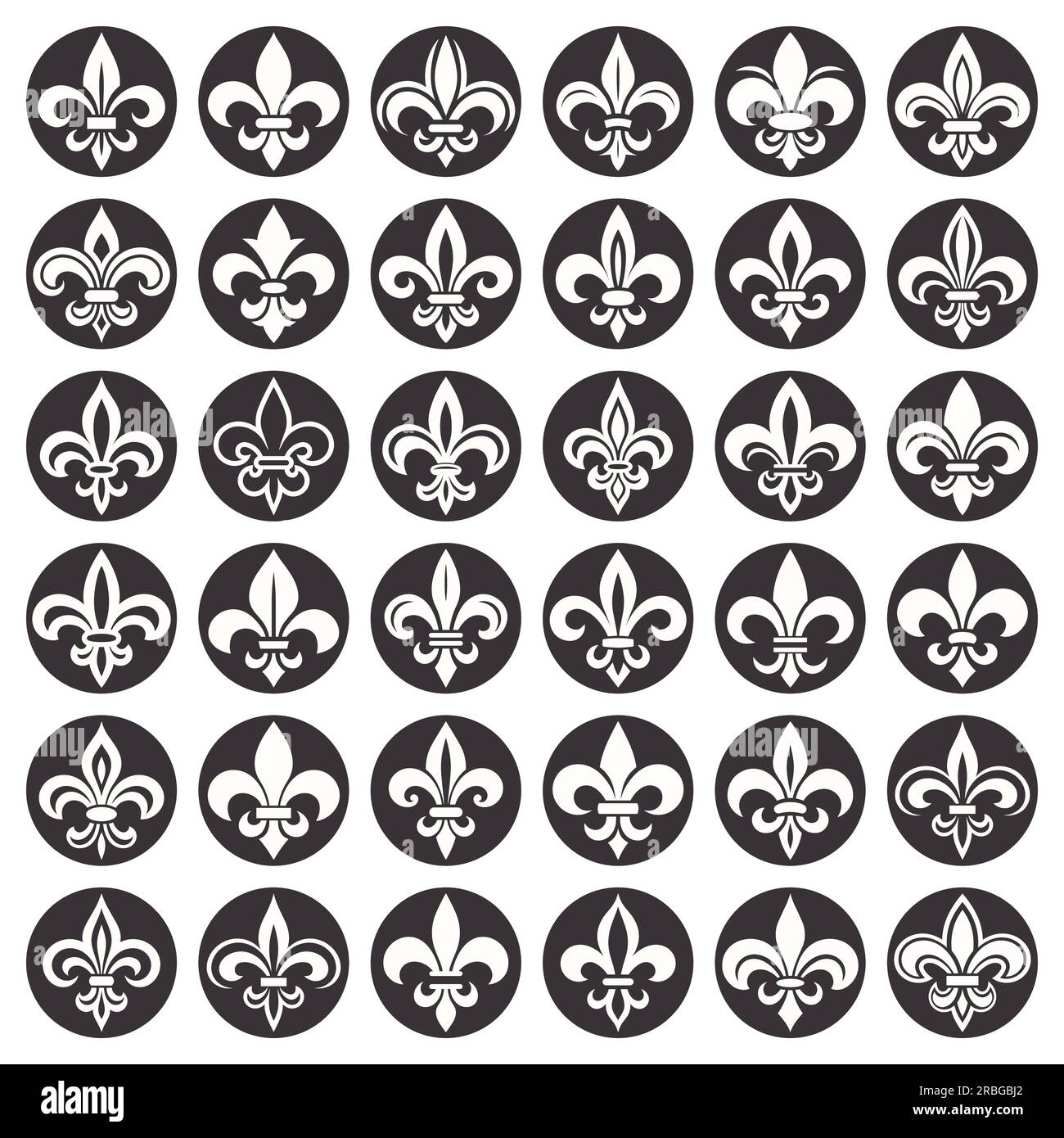 Vector Vintage bianco e nero Fleur De Lis Icon Set isolato. Giglio araldico, elemento di design retrò. Illustrazione vettoriale Illustrazione Vettoriale