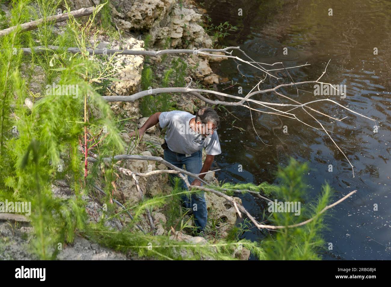 Biologo che ispeziona la dolina, Bureau of Mine Reclamation, Florida centrale. Foto Stock