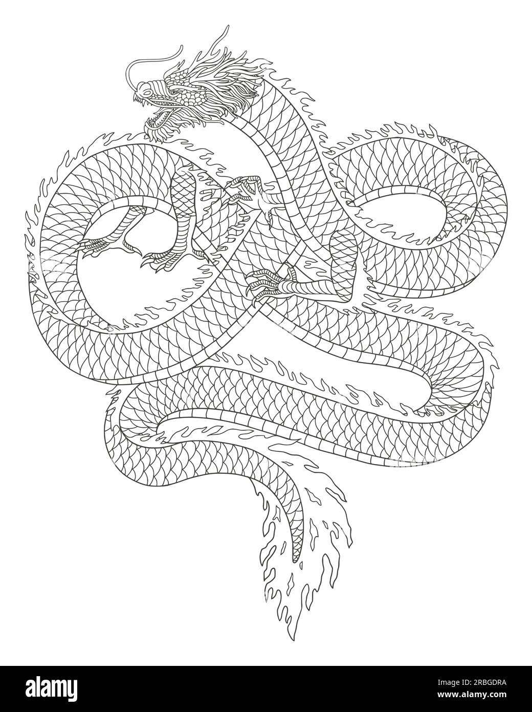 Illustrazione in stile disegno con incisione vintage del drago giapponese Illustrazione Vettoriale