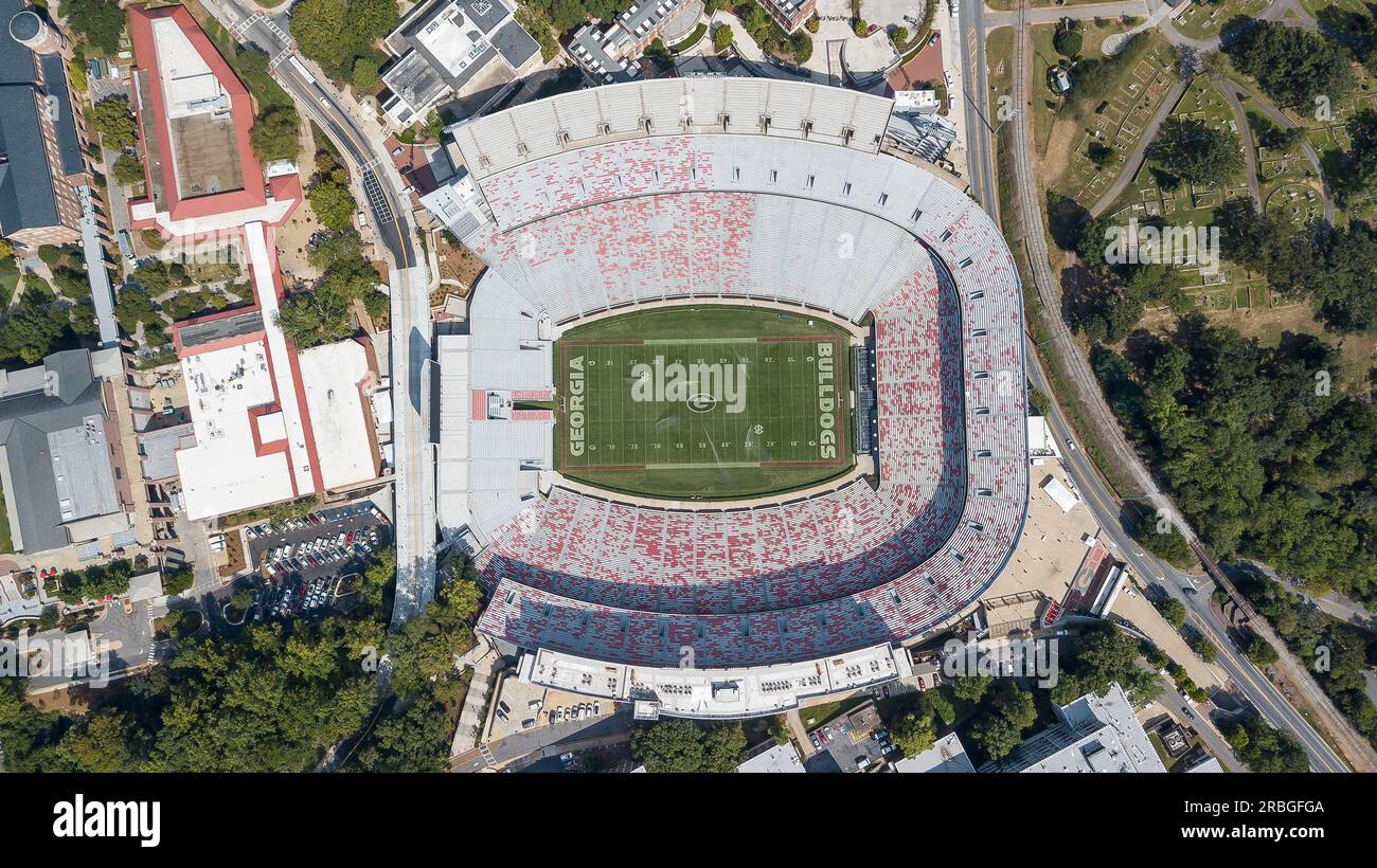 3 ottobre 2018, Athens, Georgia, USA: Vista aerea del Sanford Stadium, che è il luogo di gioco all'interno del campus per il calcio all'Università di Foto Stock