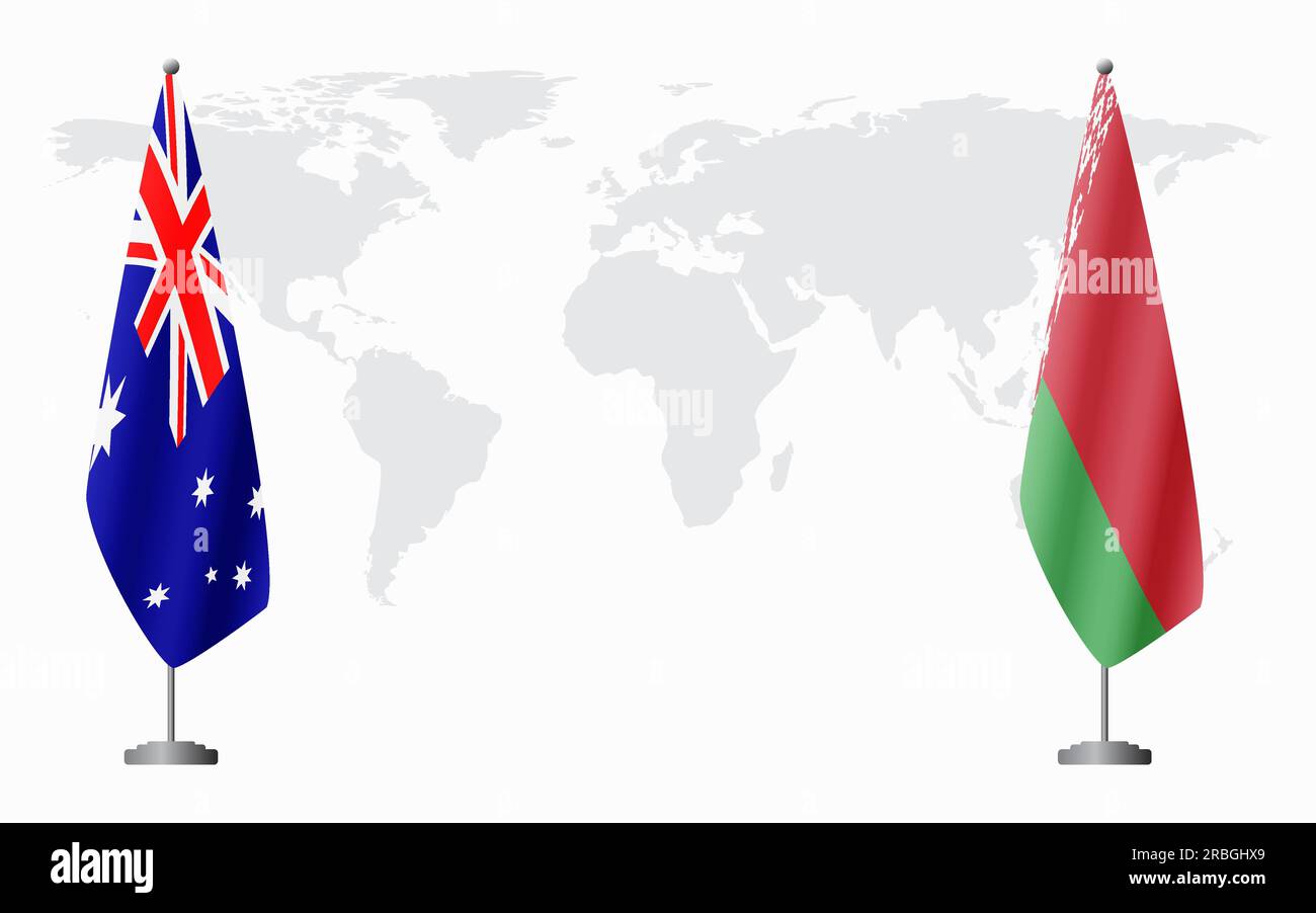 Bandiere australiane e bielorusse per riunioni ufficiali sullo sfondo della mappa mondiale. Illustrazione Vettoriale