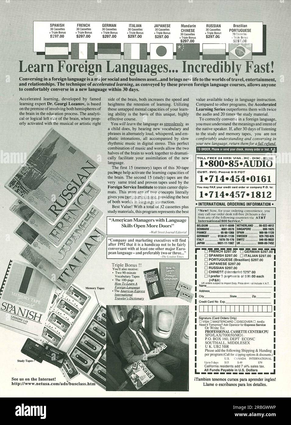 Impara le lingue straniere su audiocassette netusa.com annuncio pubblicitario in una rivista 1996 Foto Stock