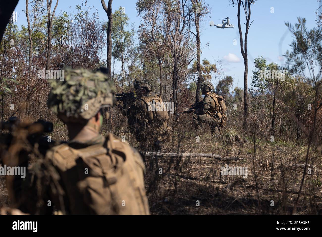 STATI UNITI Marines with Battalion Landing Team 2/1, 31st Marine Expeditionary Unit, conducono esercitazioni di fuoco e manovra durante un'esercitazione di assalto al campo d'aviazione nella Shoalwater Bay Military Training area, Australia, 6 luglio 2023. Il BLT 2/1 fu incaricato di catturare un campo di aviazione a sostegno del punto di rifornimento e di armamento in avanti dell'Air Combat Element. Il 31st MEU opera a bordo di navi dell'America Amphibious Ready Group nell'area operativa della 7th Fleet per migliorare l'interoperabilità con alleati e partner e fungere da forza di pronta risposta per difendere la pace e la stabilità nella regione Indo-Pacifico. ( Foto Stock