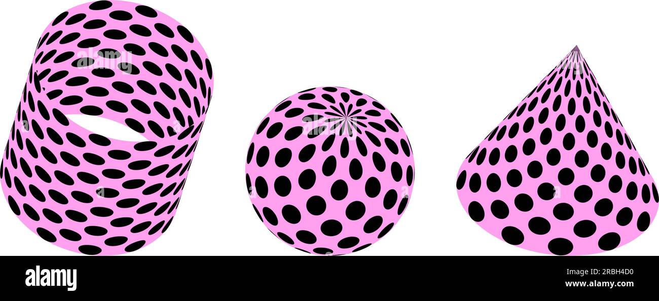 Set di forme 3d rosa con punti neri. Elementi di design colorati a cono, cilindro e sfera per modelli, poster, volantini e striscioni. Raccolta moduli geometrici vettoriali Illustrazione Vettoriale