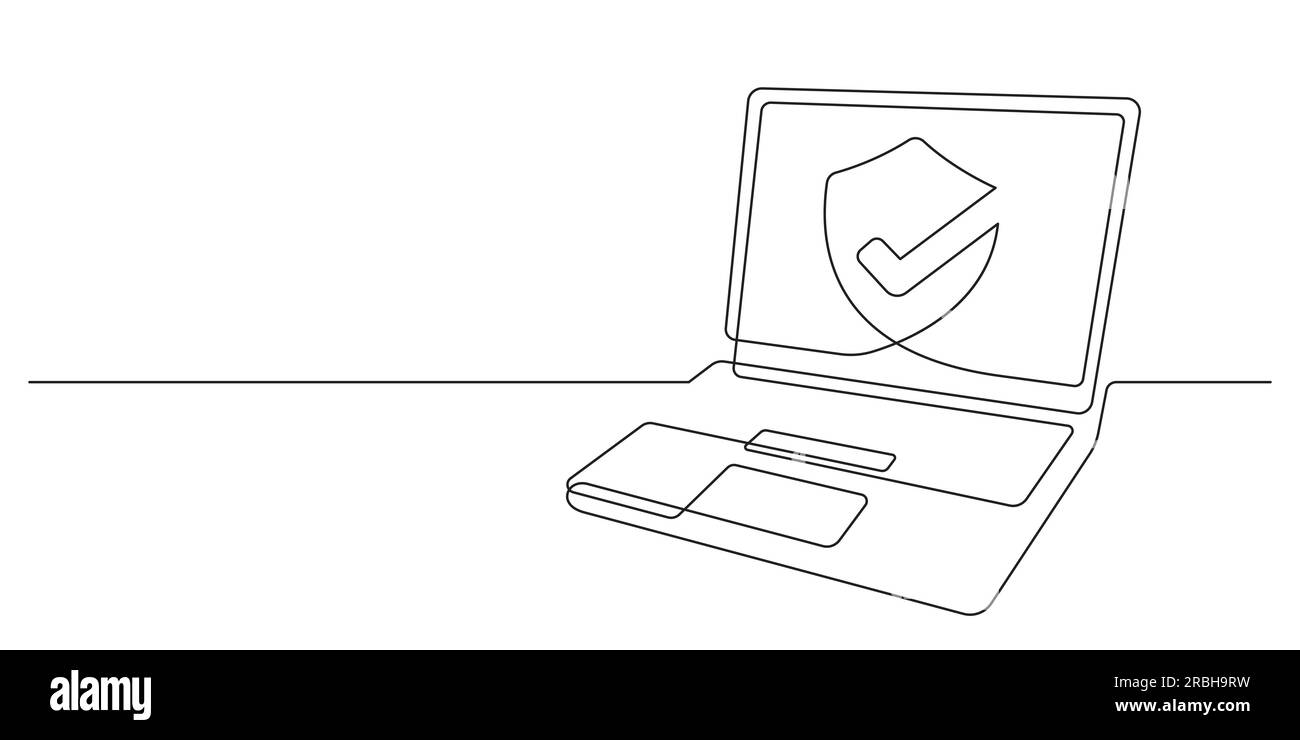 sicurezza online e crittografia dei dati: linea continua del laptop con scudo protetto per internet protetto e informazioni sulla privacy Illustrazione Vettoriale